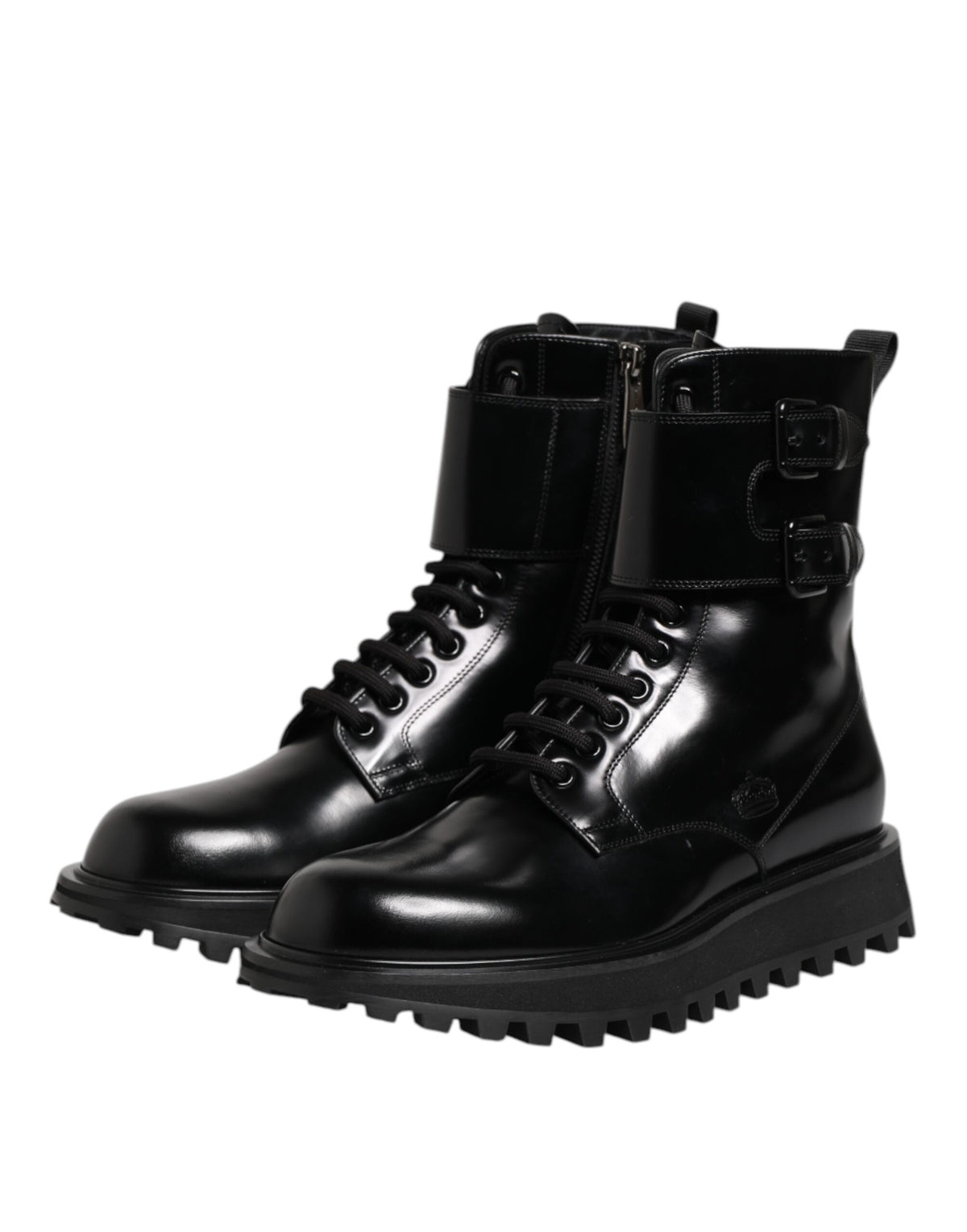 Dolce & Gabbana Schwarze Leder-Schnürstiefel bis zur Mitte der Wade