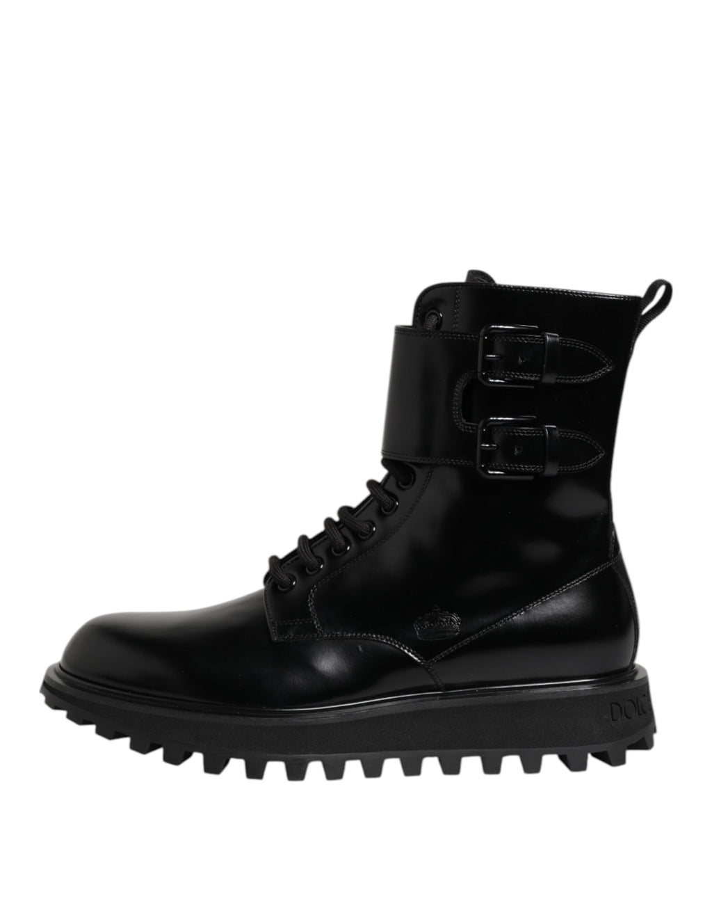 Dolce & Gabbana Schwarze Leder-Schnürstiefel bis zur Mitte der Wade