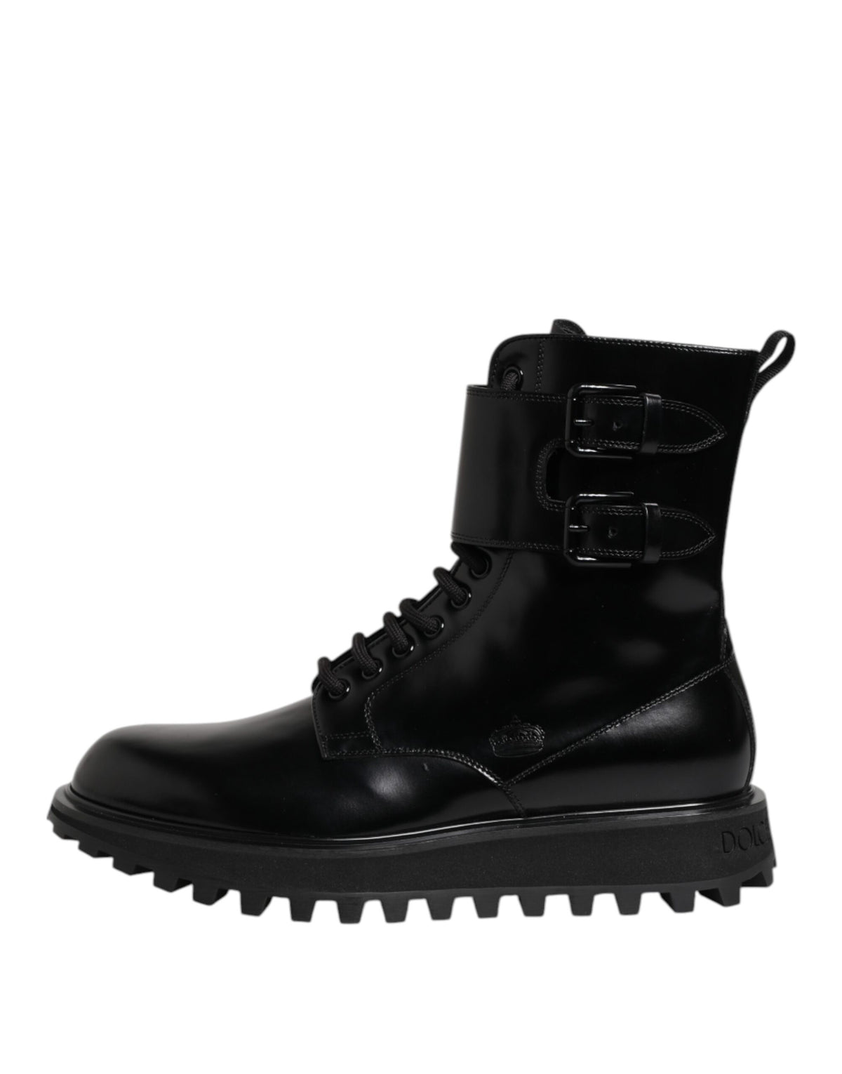 Dolce & Gabbana Schwarze Leder-Schnürstiefel bis zur Mitte der Wade