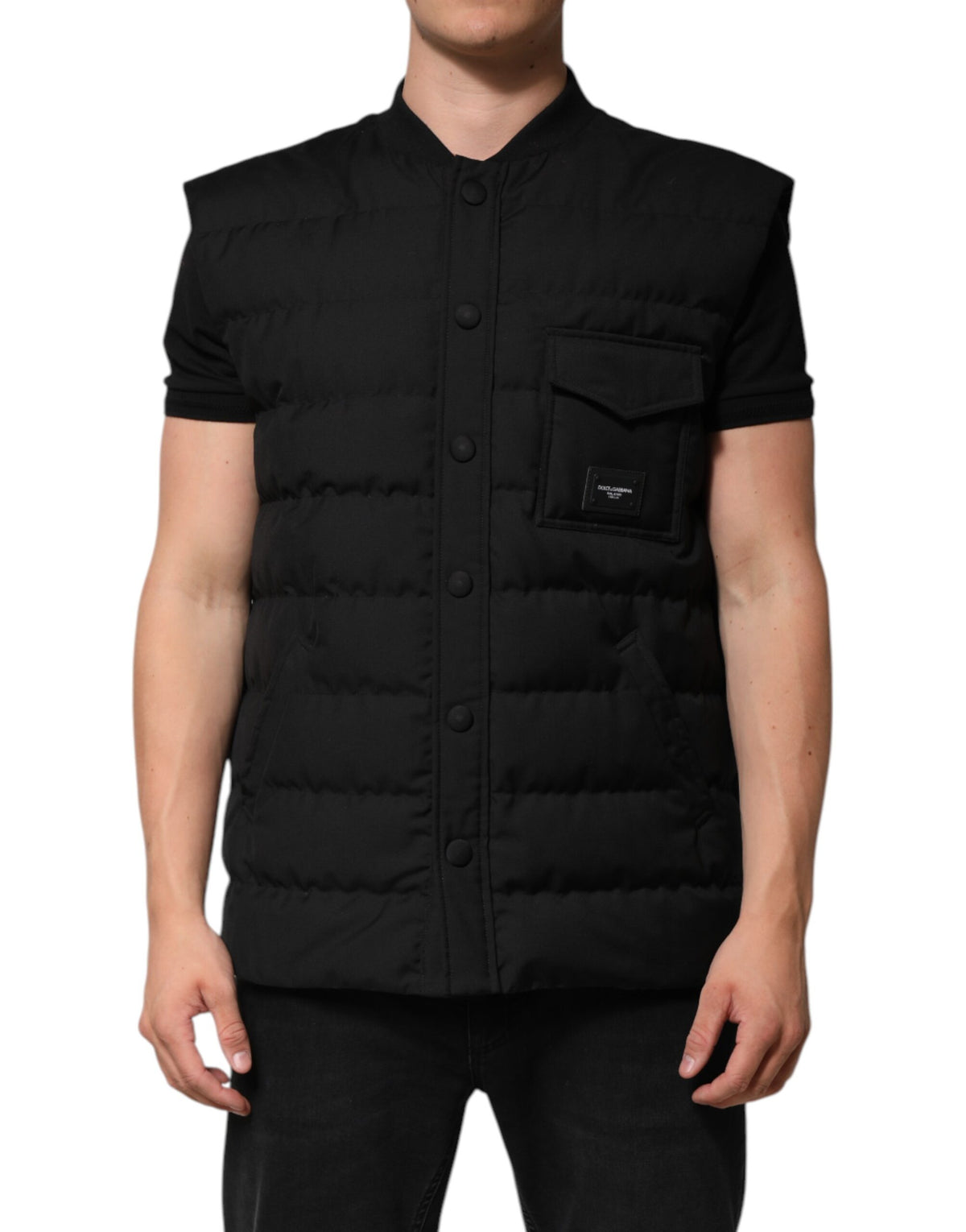 Dolce & Gabbana Schwarzer ärmelloser Parka Jacke mit Logoplakette