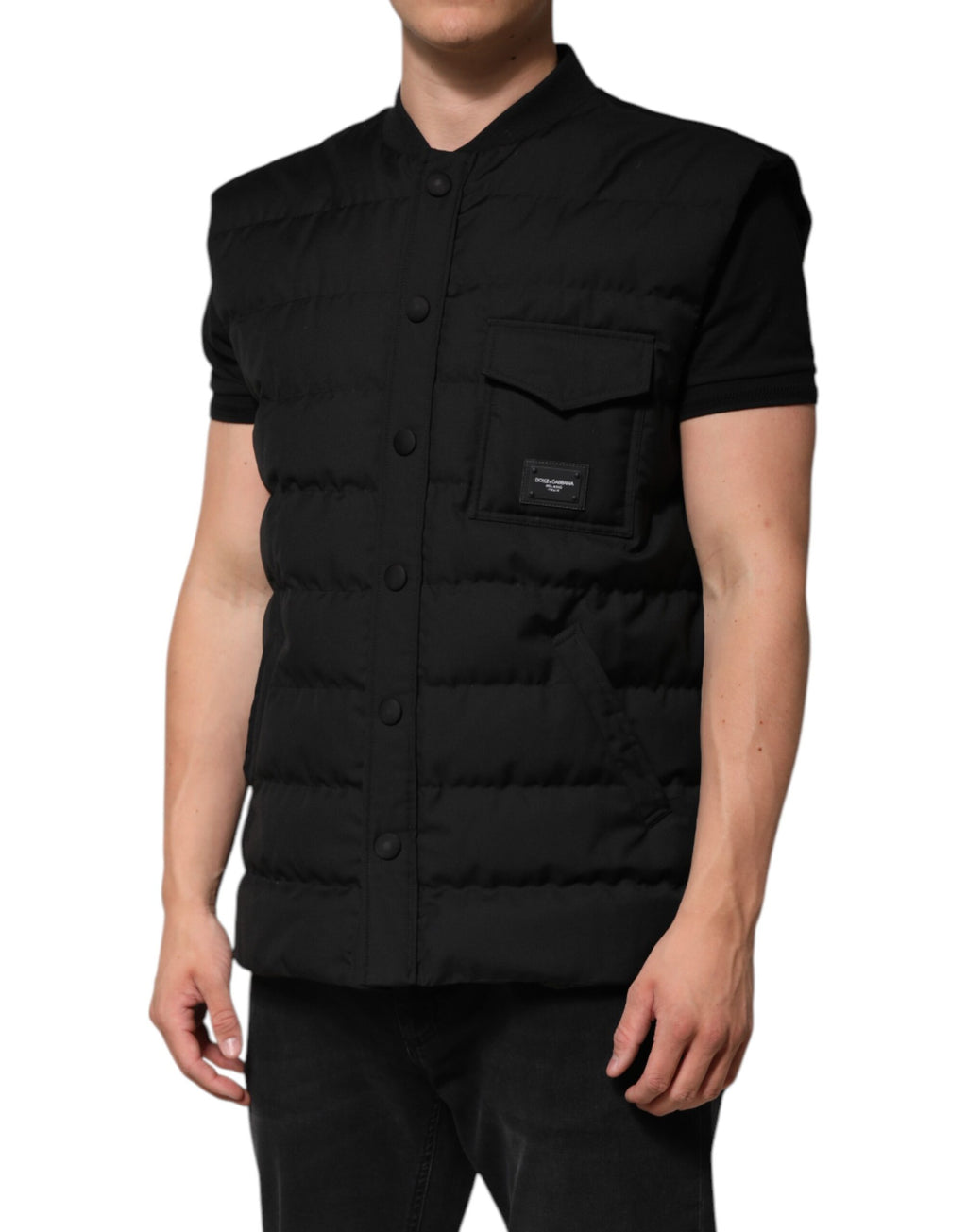 Dolce & Gabbana Schwarzer ärmelloser Parka Jacke mit Logoplakette
