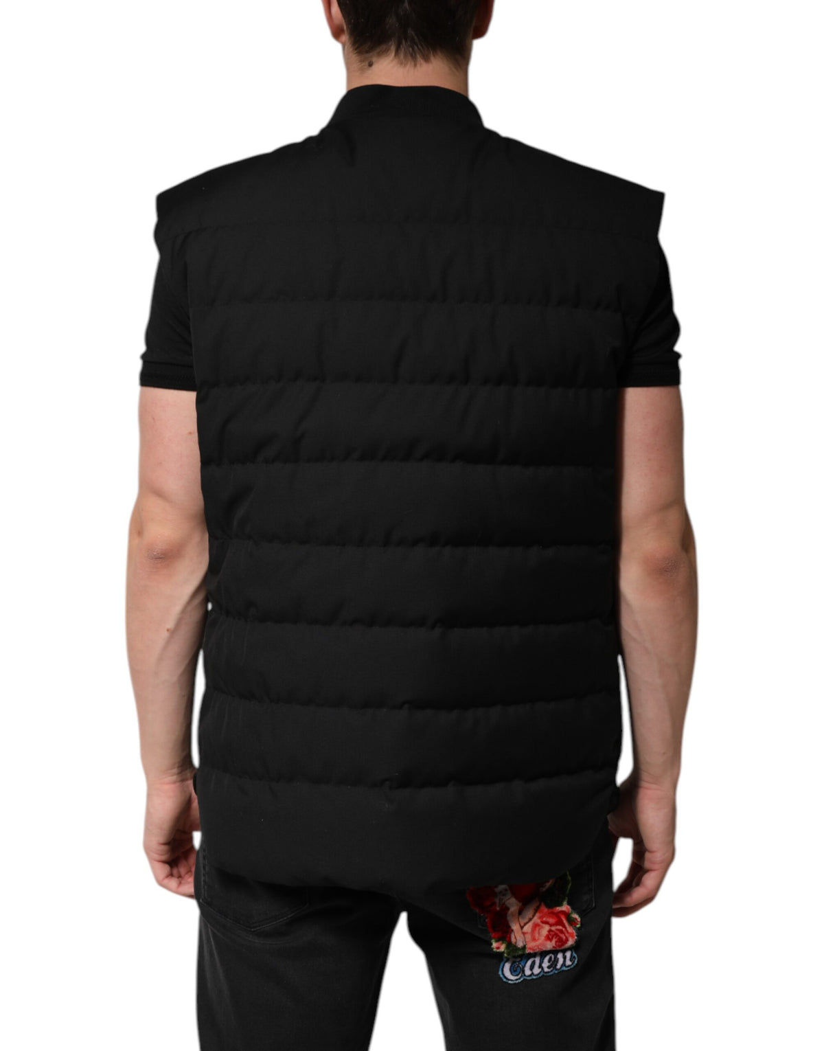 Dolce & Gabbana Schwarzer ärmelloser Parka Jacke mit Logoplakette