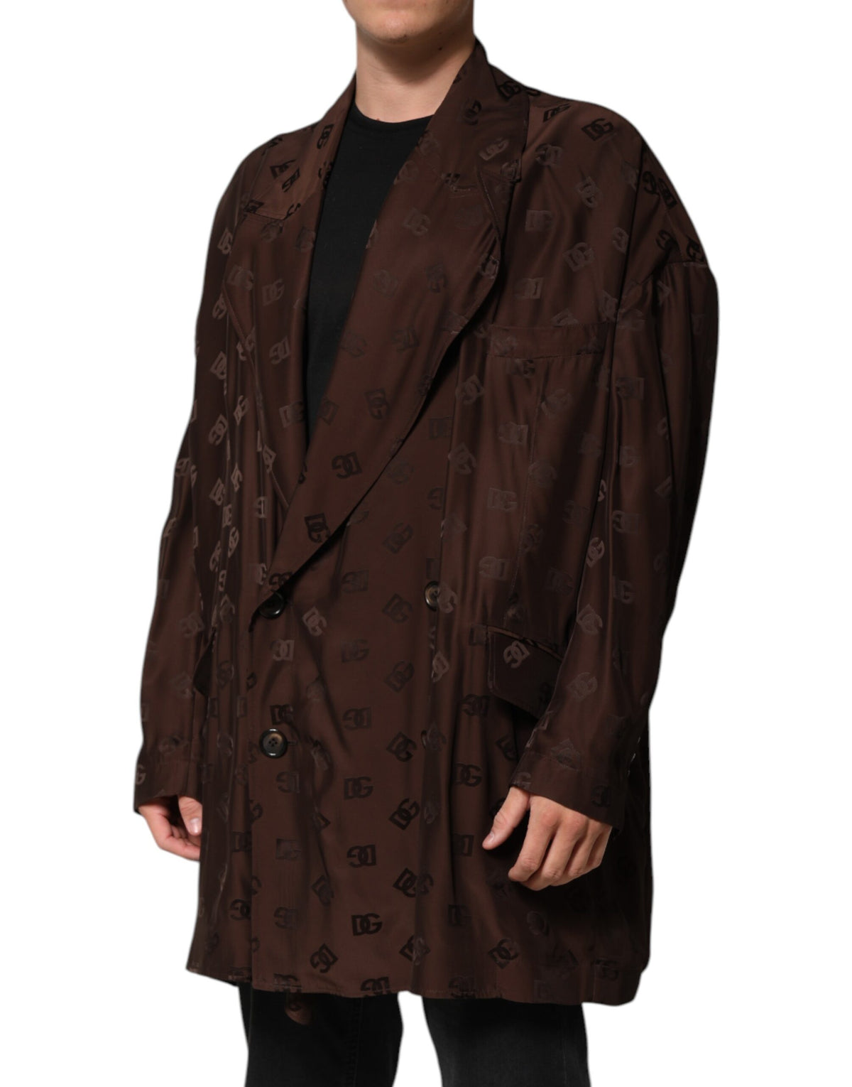 Dolce & Gabbana Brauner Polyester Logo Monogramm Mantel Jacke