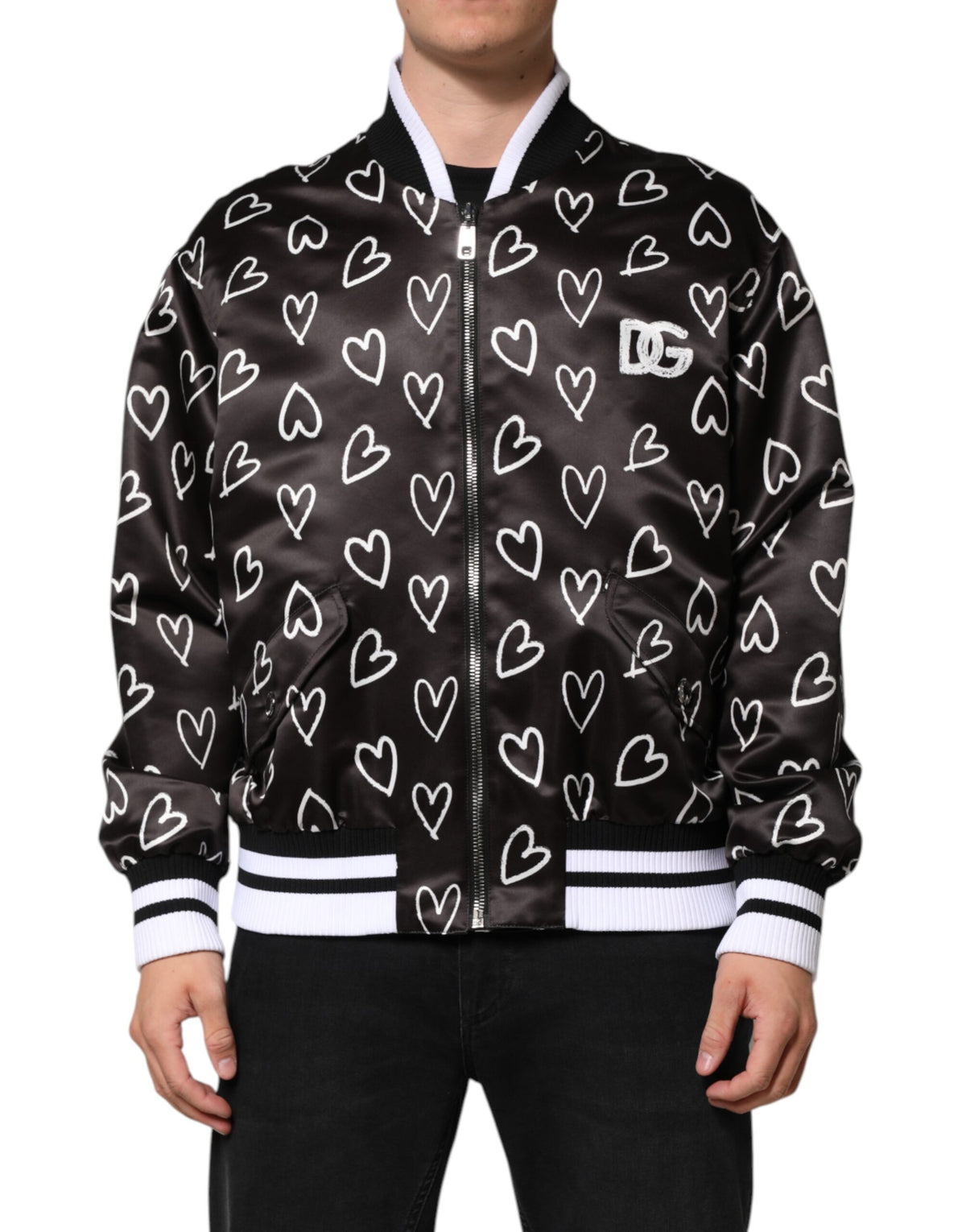 Dolce & Gabbana Schwarze Polyester-Bomberjacke mit Herz-Print