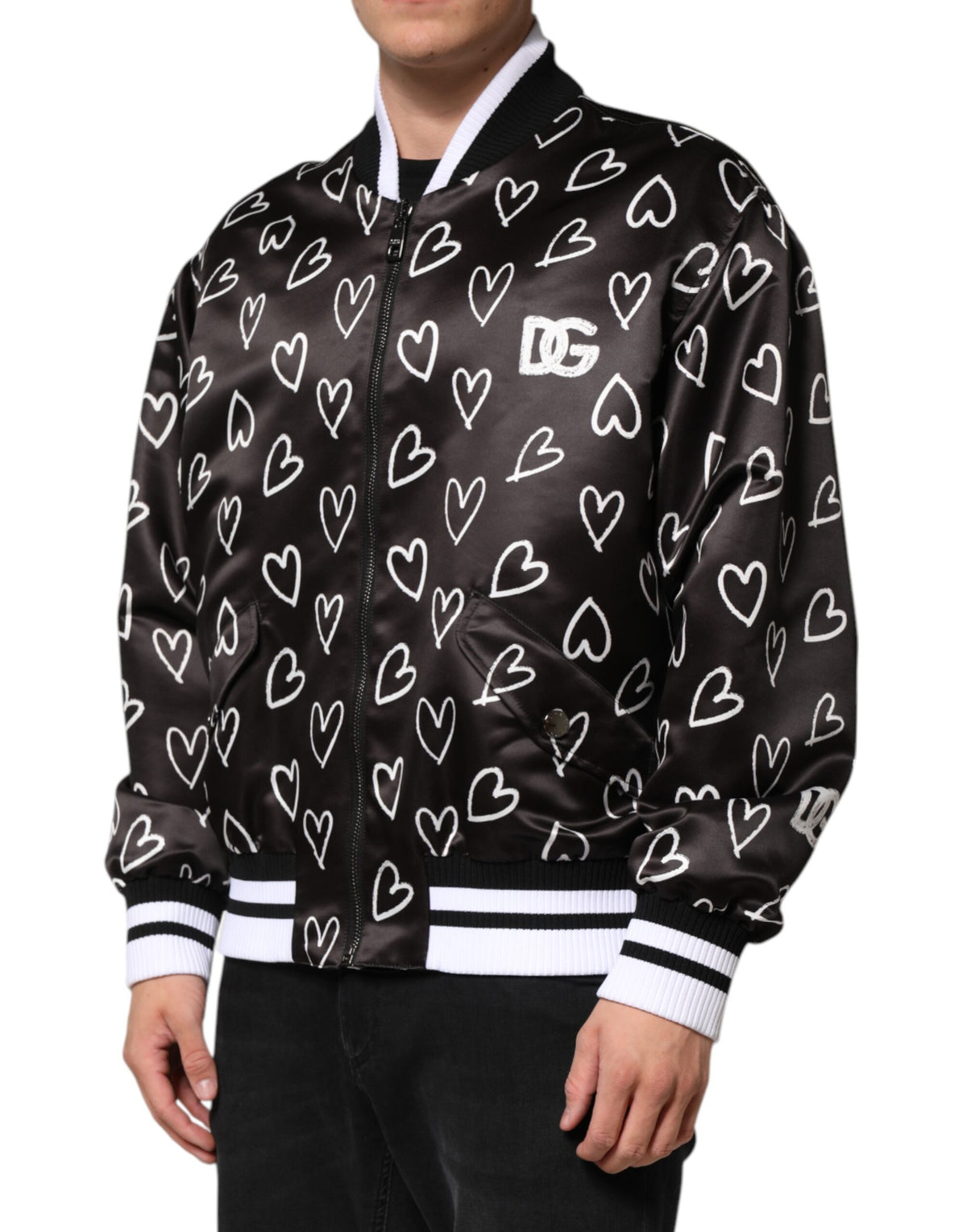 Dolce & Gabbana Schwarze Polyester-Bomberjacke mit Herz-Print