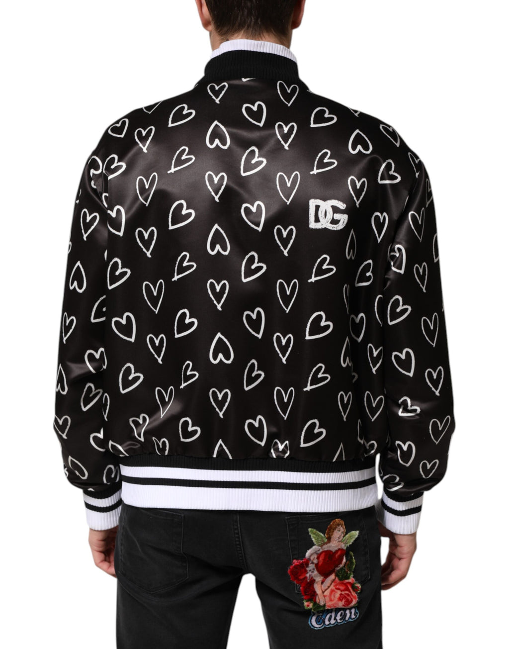 Dolce & Gabbana Schwarze Polyester-Bomberjacke mit Herz-Print