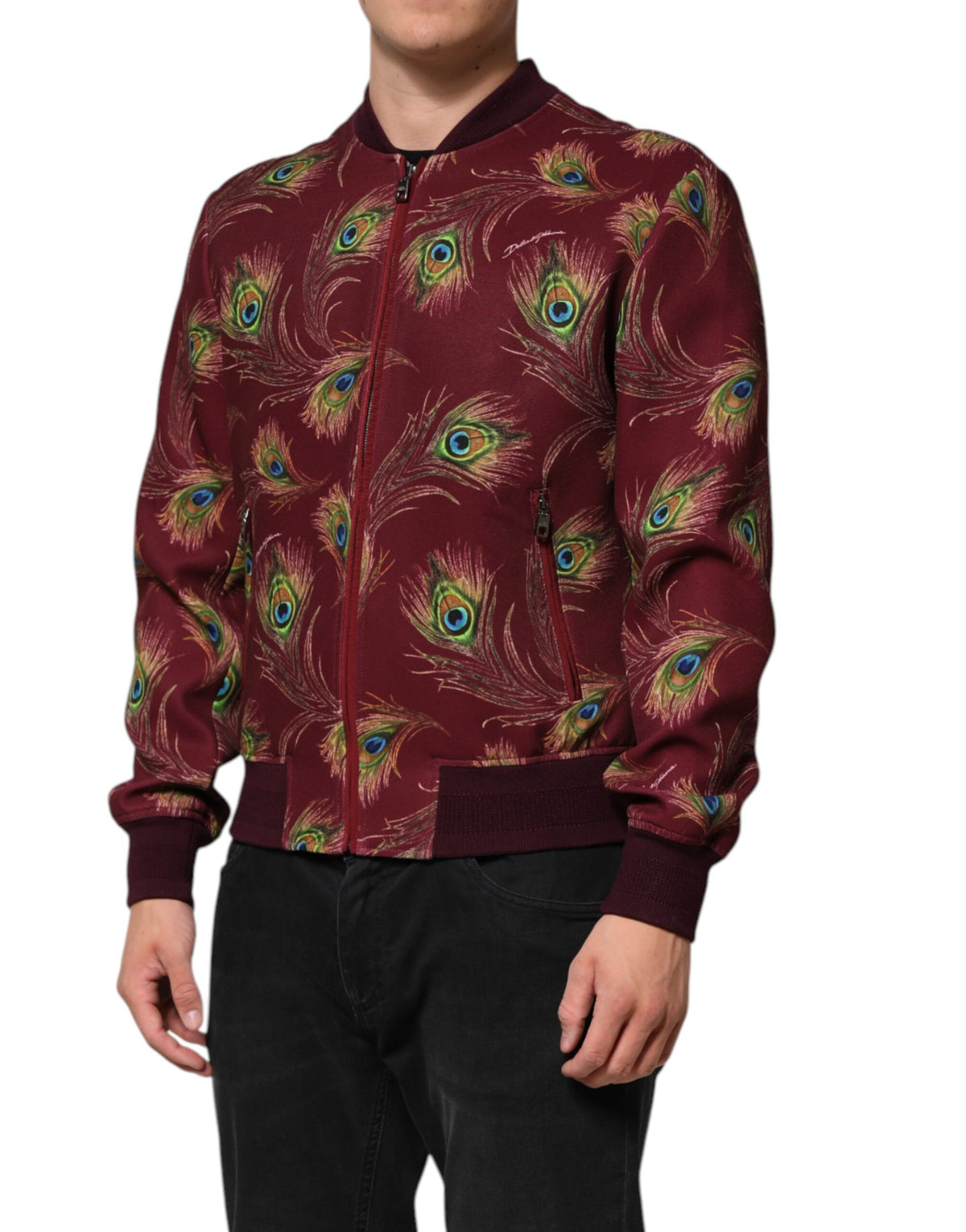 Dolce & Gabbana Kastanienbraune Bomberjacke mit Pfauenfedern