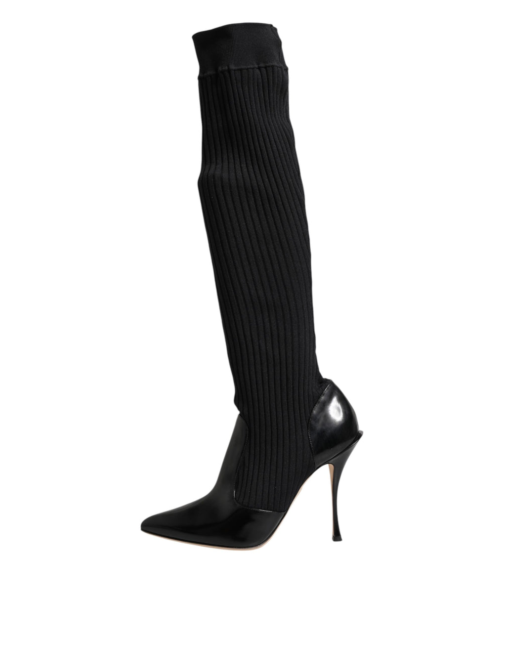 Dolce & Gabbana Schwarze Leder Rippenstrick-Kniestiefel Schuhe