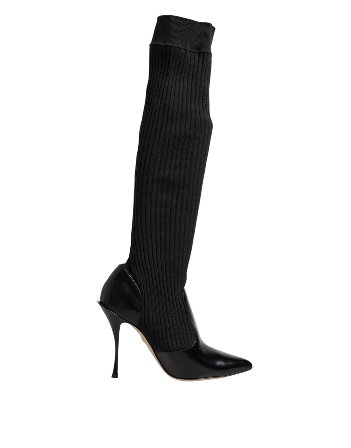 Dolce & Gabbana Schwarze Leder Rippenstrick-Kniestiefel Schuhe