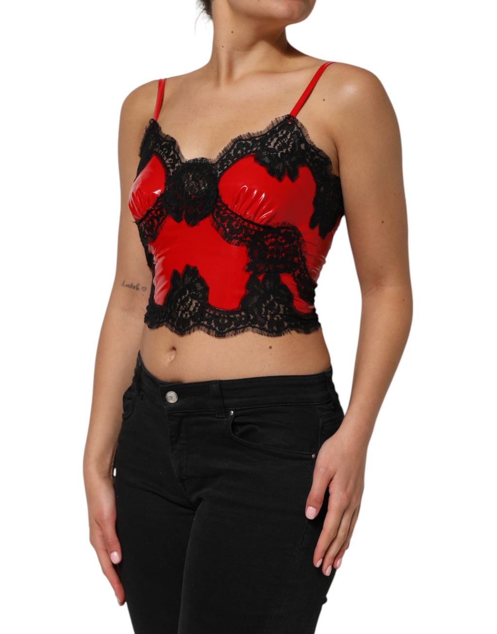 Dolce & Gabbana Rotes, schwarzes, spitzenbesetztes, ärmelloses Polyester-Tanktop