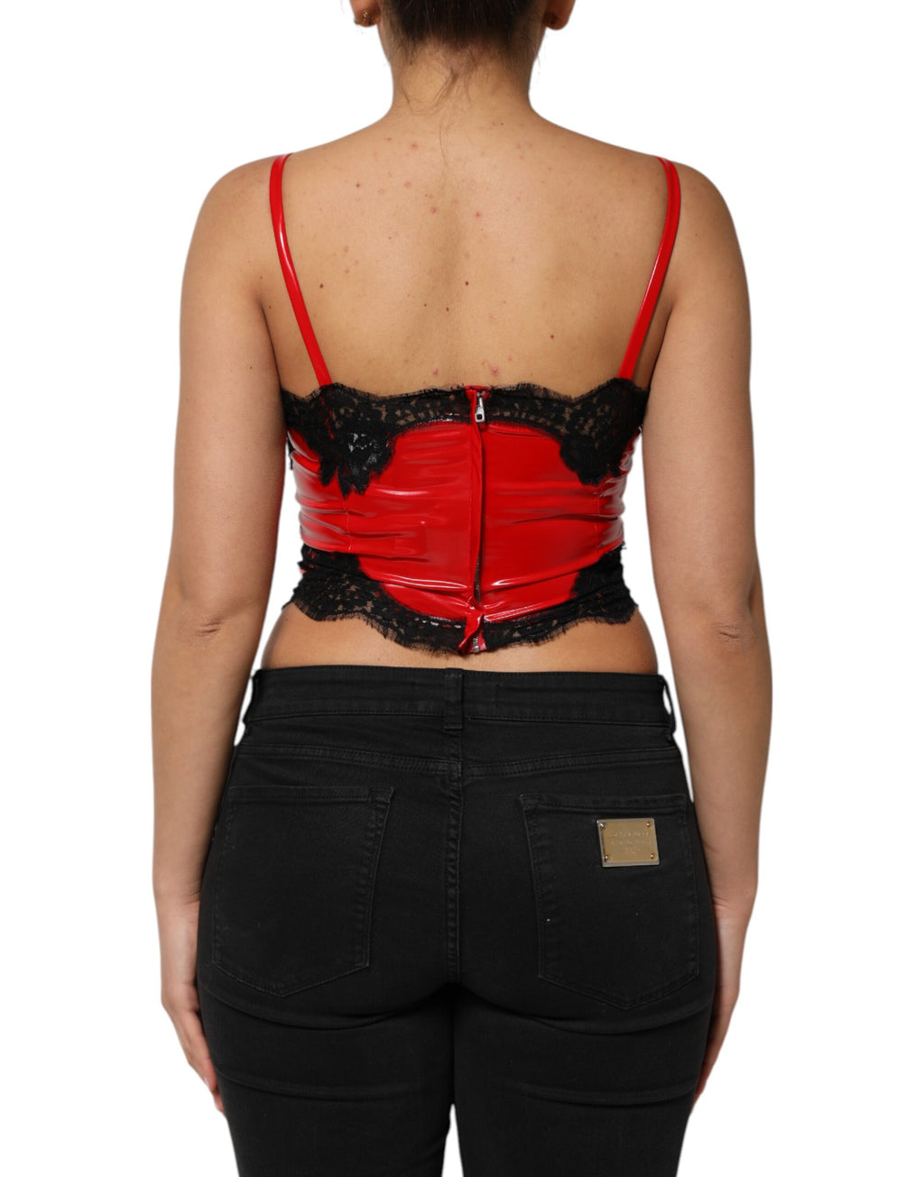 Dolce & Gabbana Rotes, schwarzes, spitzenbesetztes, ärmelloses Polyester-Tanktop