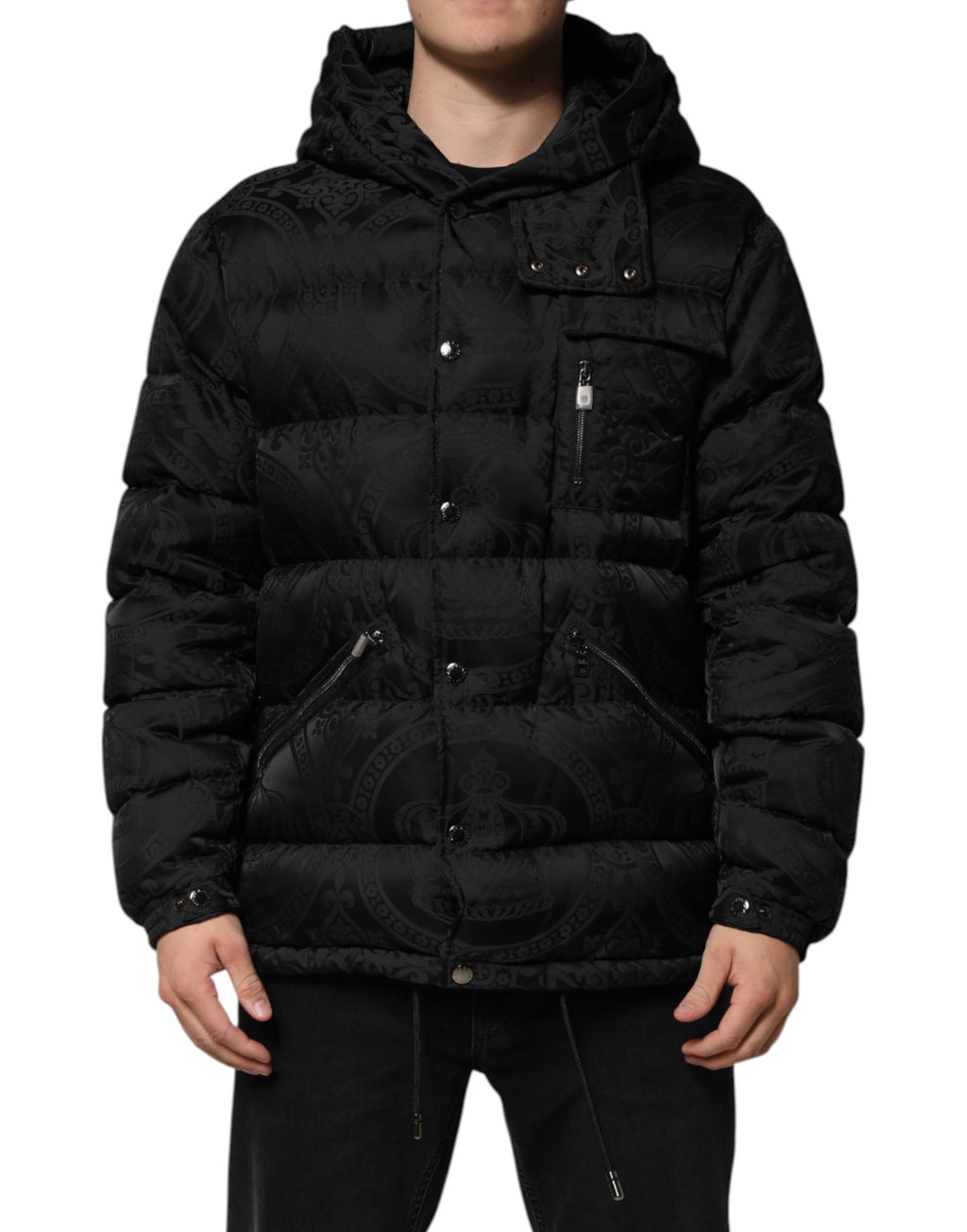 Dolce & Gabbana Schwarze Jacquard-Kapuzenjacke mit Steppmuster