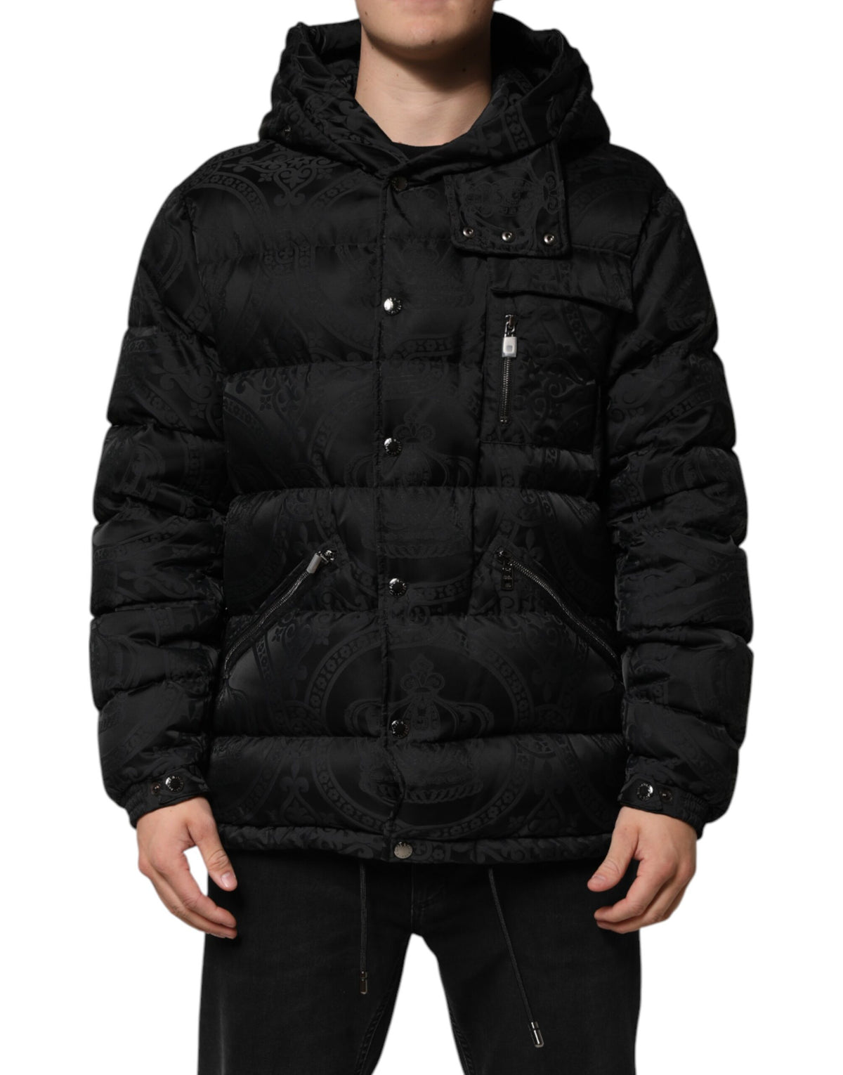 Dolce & Gabbana Schwarze Jacquard-Kapuzenjacke mit Steppmuster