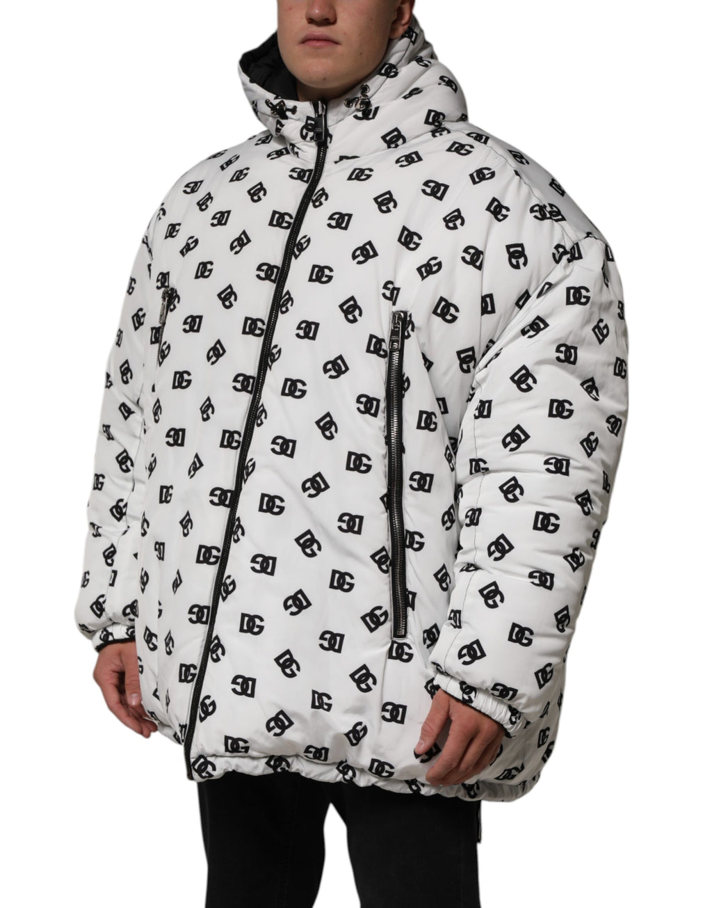 Dolce & Gabbana Weiße DG Monogram Kapuzen-Pufferjacke