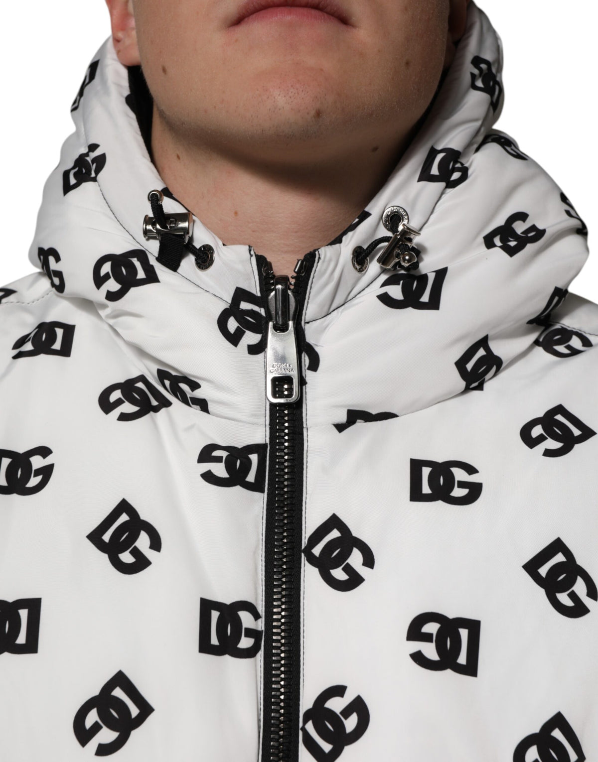 Dolce & Gabbana Weiße DG Monogram Kapuzen-Pufferjacke