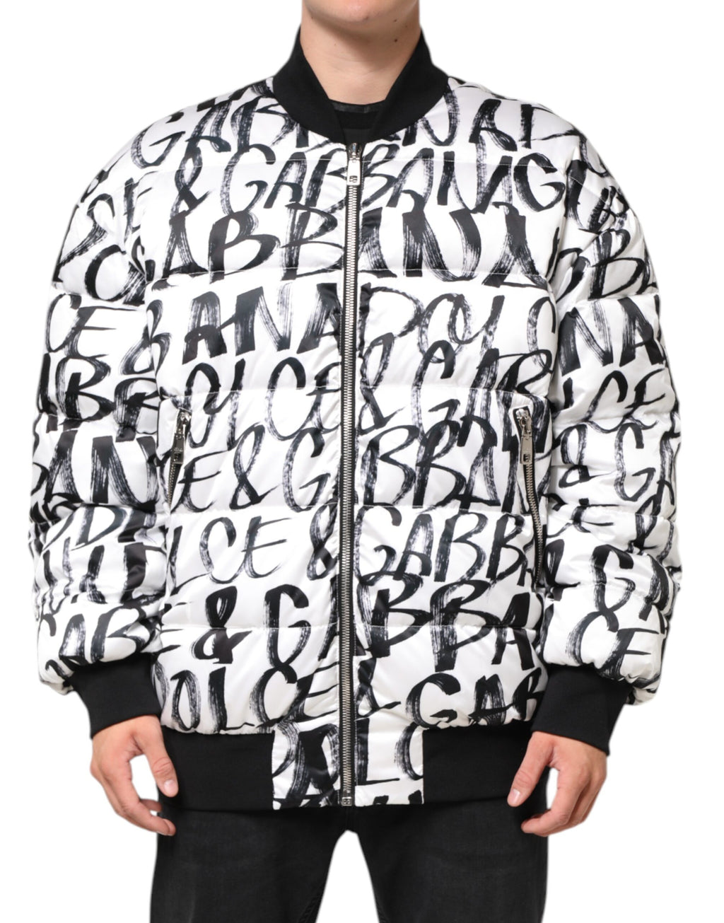 Dolce & Gabbana Weiß Schwarz Graffiti Logo Puffer Bomberjacke