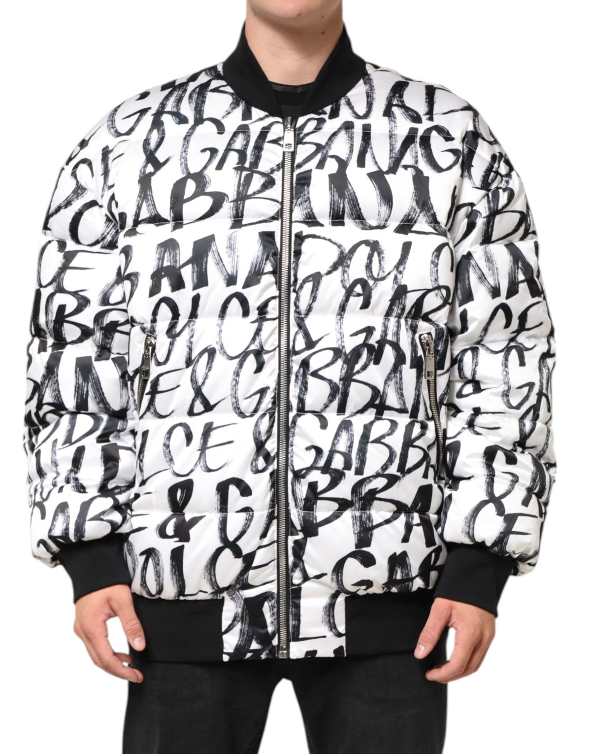 Dolce & Gabbana Weiß Schwarz Graffiti Logo Puffer Bomberjacke
