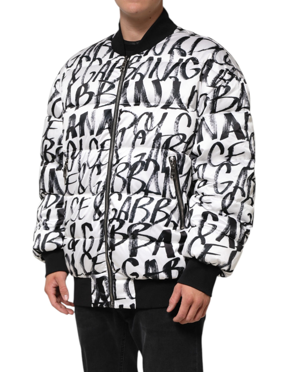 Dolce & Gabbana Weiß Schwarz Graffiti Logo Puffer Bomberjacke