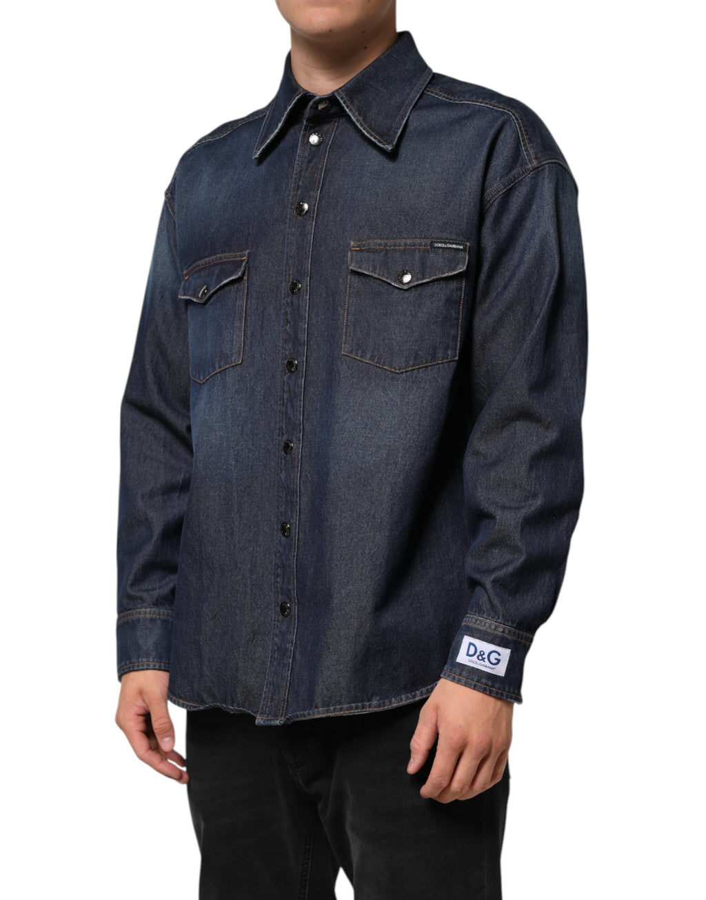 Dolce & Gabbana Blaues Denim Knopf lässig Logo Patch Männer Hemd