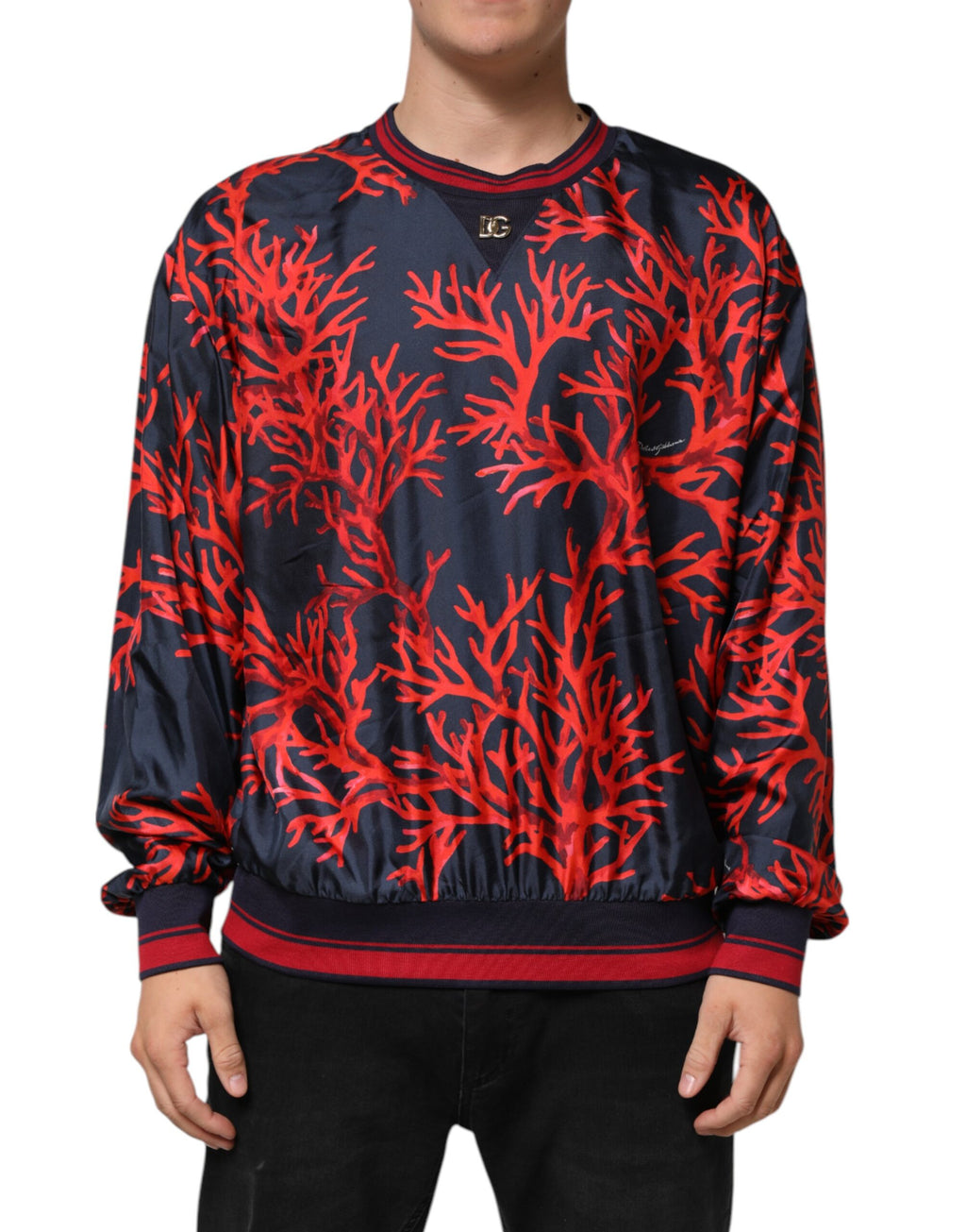 Dolce & Gabbana Marineblauer Pullover mit Korallendruck Pullover aus Seide