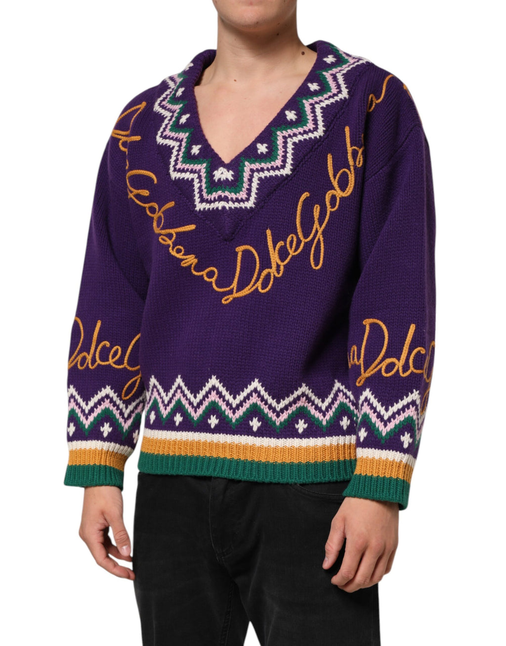 Dolce & Gabbana Lila Wolle DG Logo Herren Strickpullover Pullover