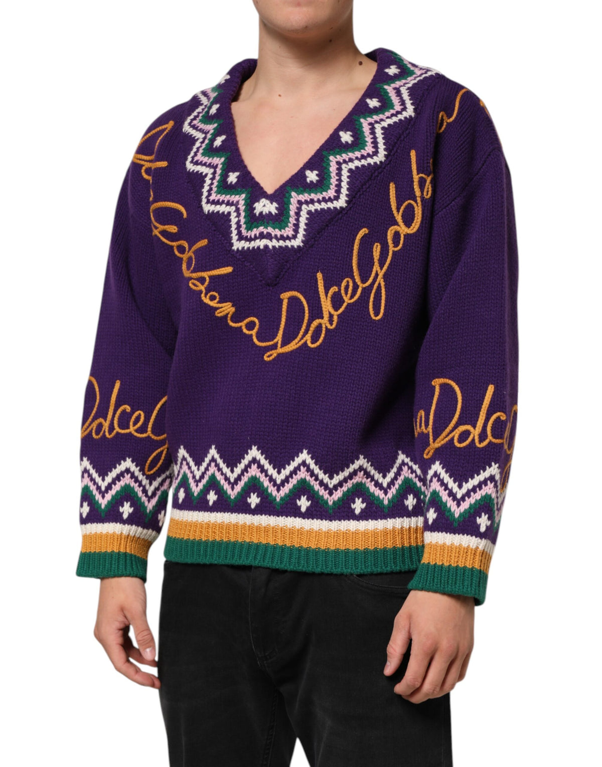 Dolce & Gabbana Lila Wolle DG Logo Herren Strickpullover Pullover