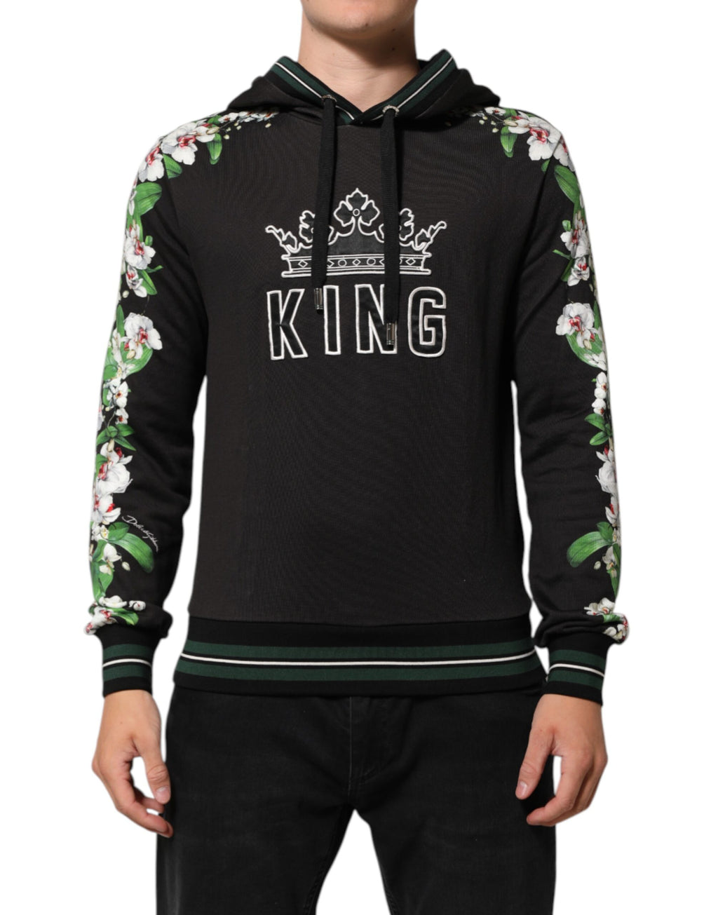 Dolce & Gabbana KING Kapuzenpullover mit Blumenkrone und schwarzer Orchidee