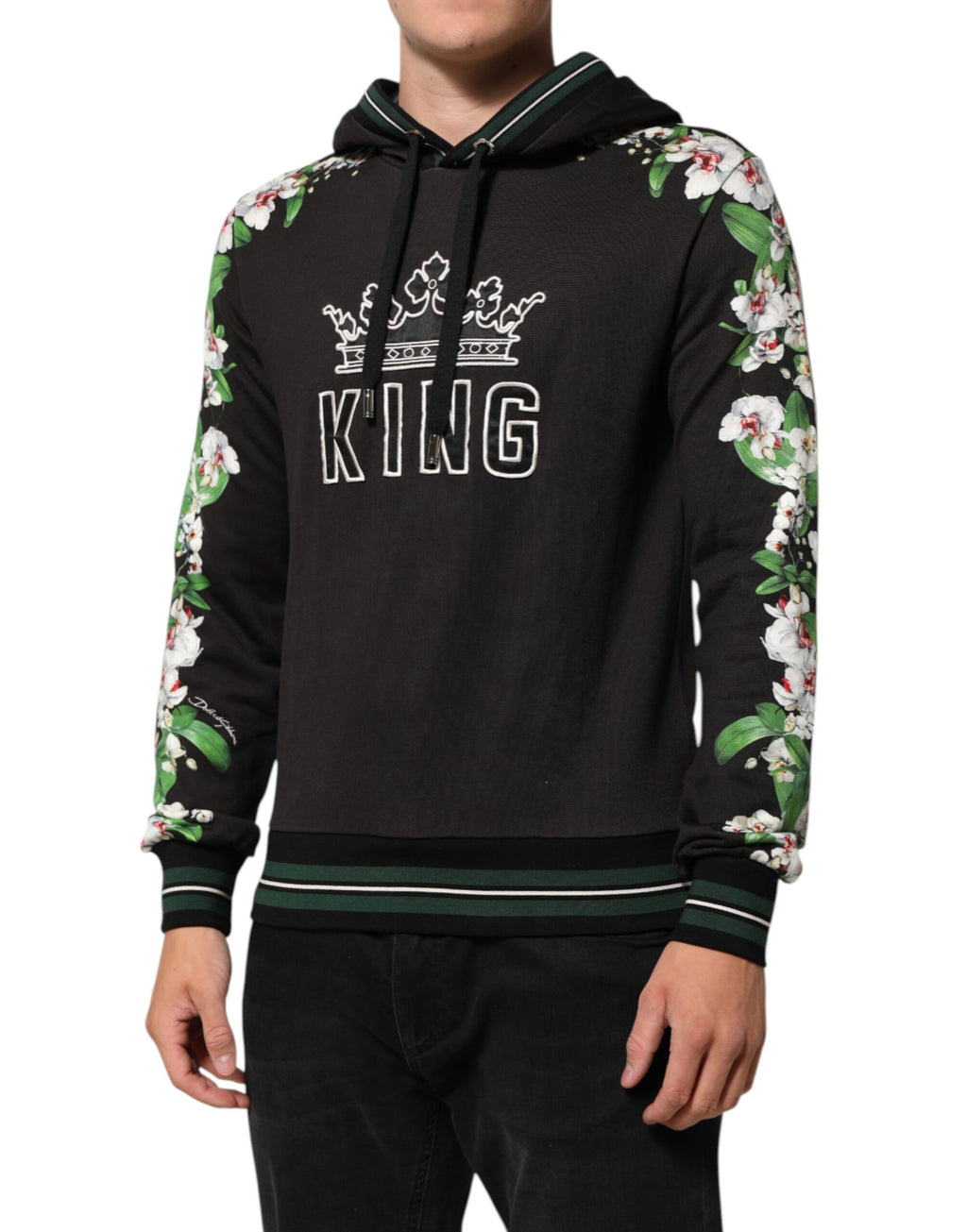 Dolce & Gabbana KING Kapuzenpullover mit Blumenkrone und schwarzer Orchidee