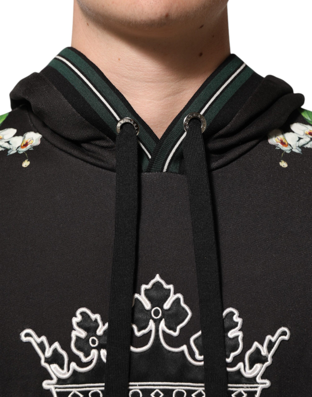 Dolce & Gabbana KING Kapuzenpullover mit Blumenkrone und schwarzer Orchidee