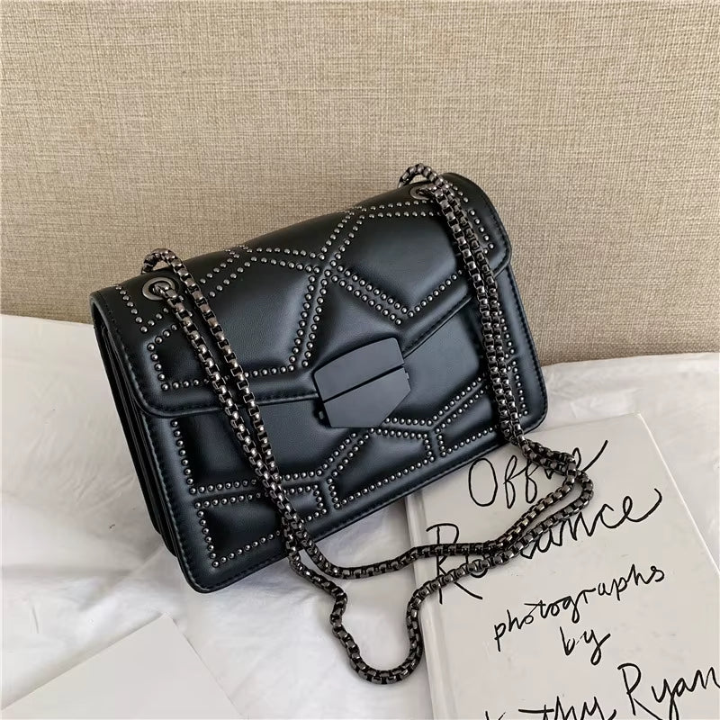 Yogodlns Vintage Rivet Chain Small Shoulder Bags for Women Flap PU Leather Fashion Small Square Crossbody Bag Designer Handbag