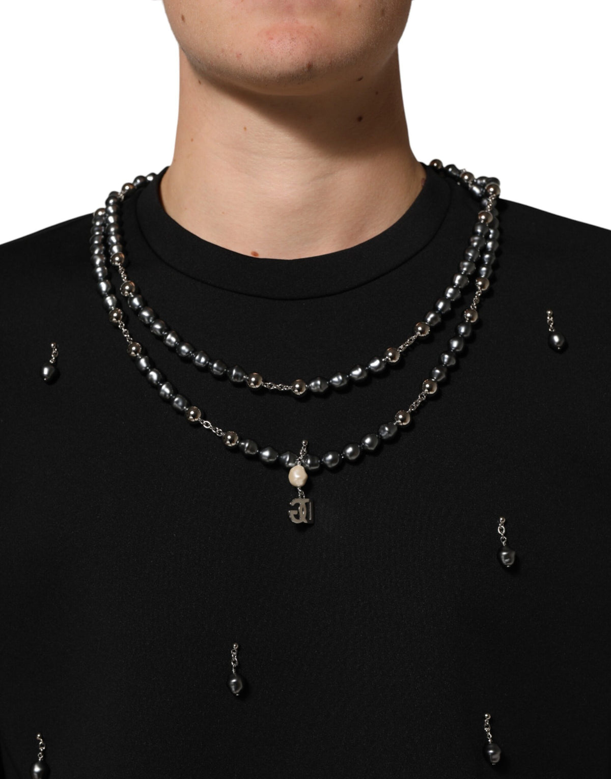 Dolce & Gabbana Schwarzes Polyester-T-Shirt mit Schmuckkragen