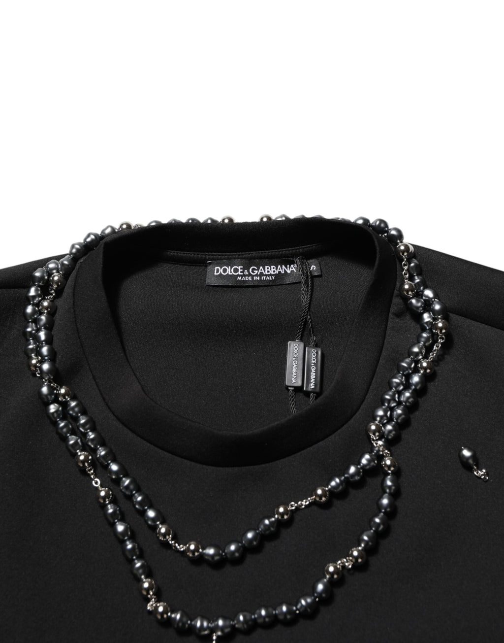 Dolce & Gabbana Schwarzes Polyester-T-Shirt mit Schmuckkragen