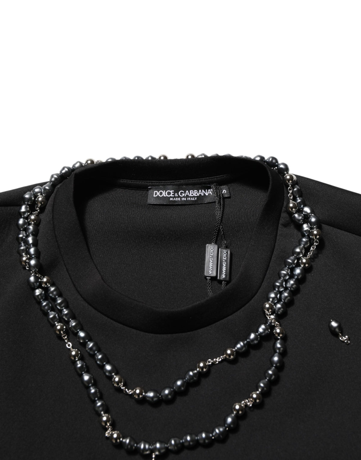 Dolce & Gabbana Schwarzes Polyester-T-Shirt mit Schmuckkragen