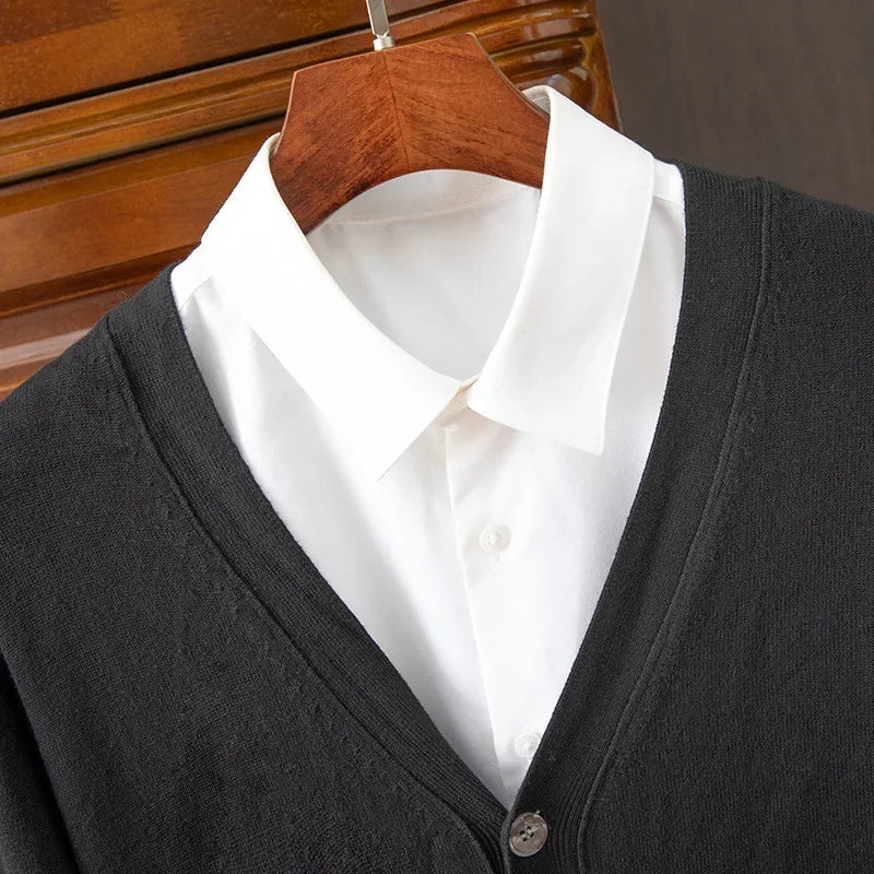 BROWON Brand Mens Sweater Cardigan Business Casual Classic V-neck Solid Color Cardigan Men Sweater Korean Fashion Mens Clothes