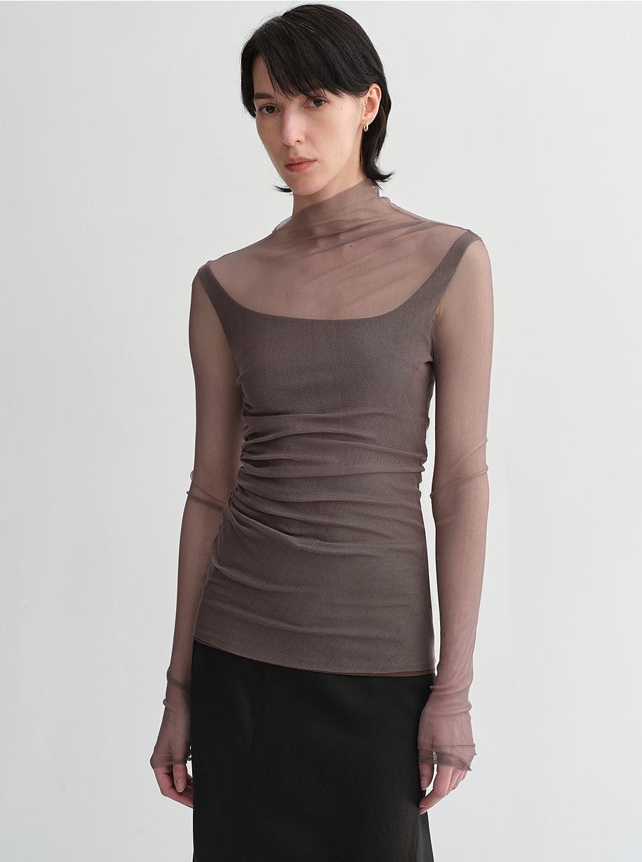 Damen Strick-Top in Layered-Optik – Transparenter schräger Kragen, Raffungen, Halbrollkragen, Slim Fit