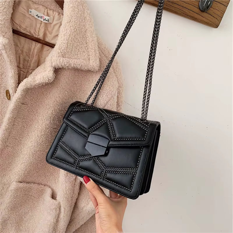 Yogodlns Vintage Rivet Chain Small Shoulder Bags for Women Flap PU Leather Fashion Small Square Crossbody Bag Designer Handbag