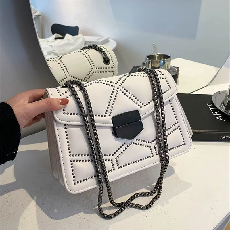 Yogodlns Vintage Rivet Chain Small Shoulder Bags for Women Flap PU Leather Fashion Small Square Crossbody Bag Designer Handbag